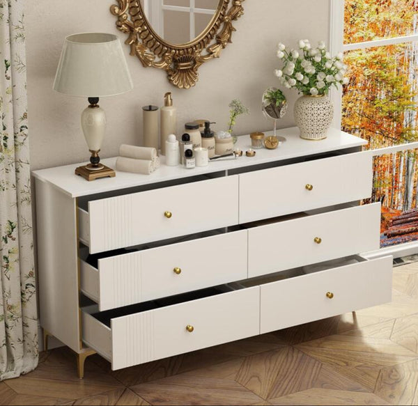 White Lacquer Dresser 6 Drawer Dresser With Metal Handle And Legs