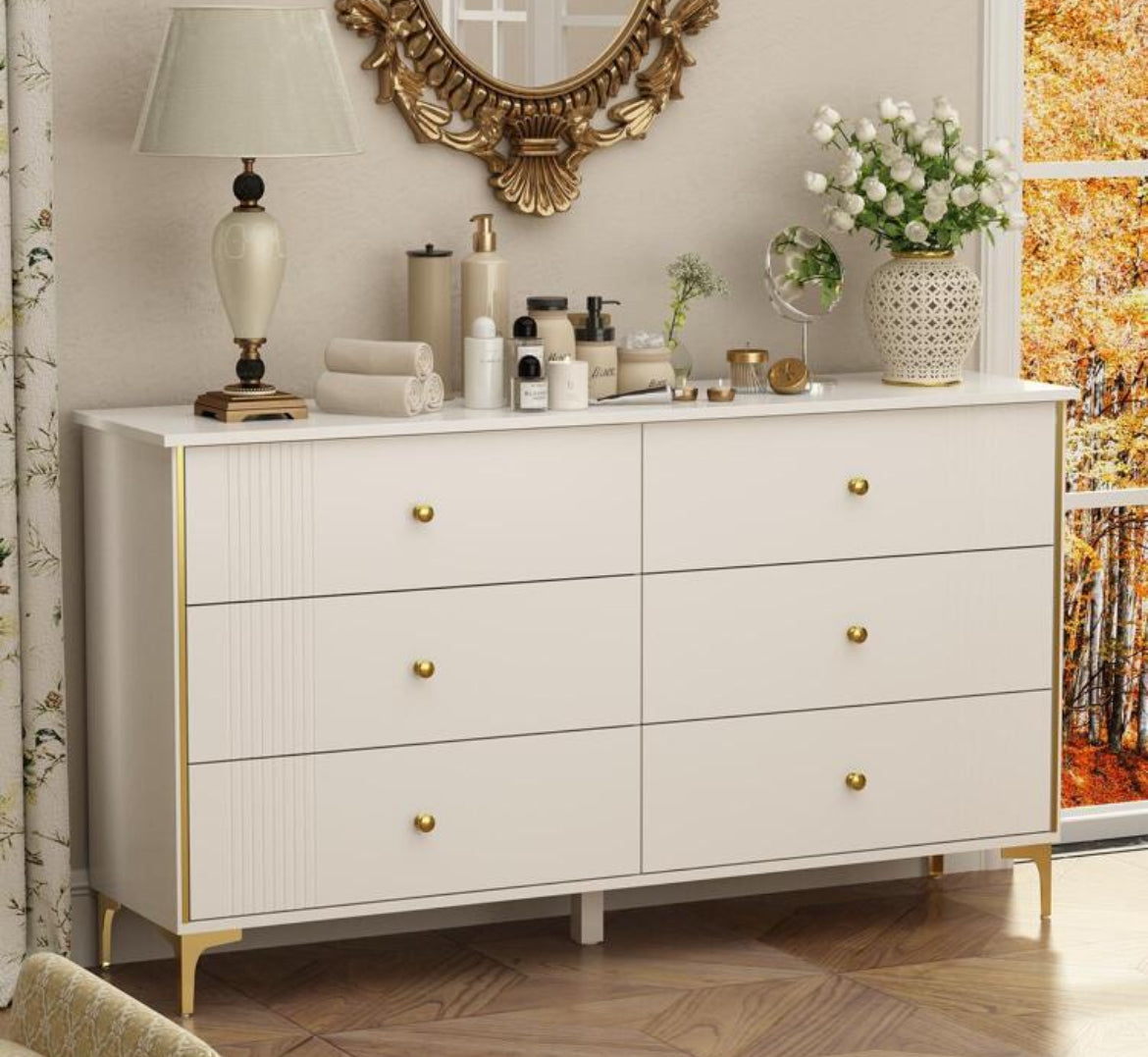 White Lacquer Dresser 6 Drawer Dresser With Metal Handle And Legs