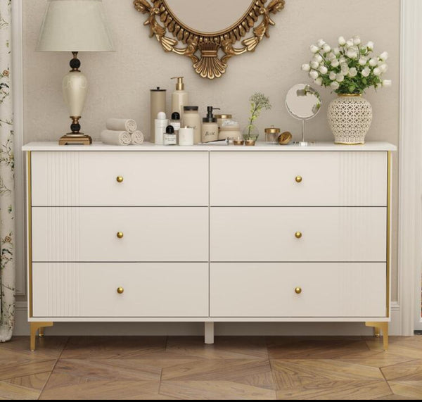 White Lacquer Dresser 6 Drawer Dresser With Metal Handle And Legs