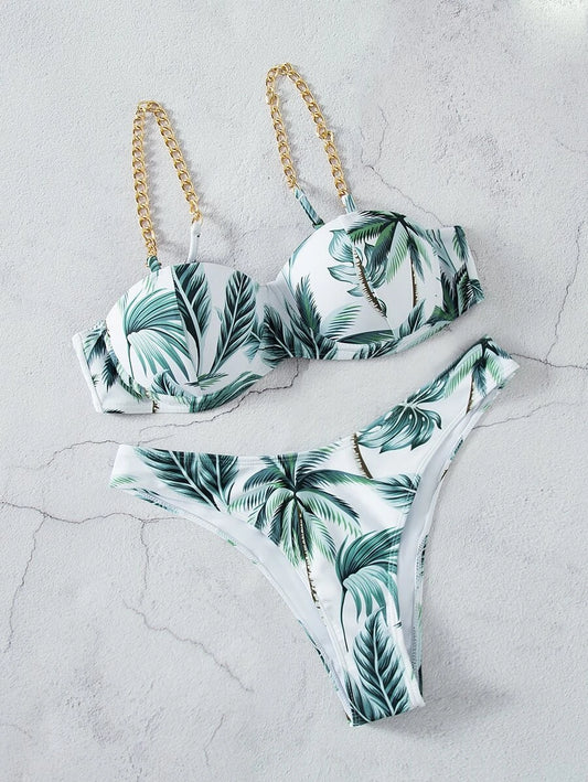 Tropical Push Up Chain Strap Bikini Swimsuit