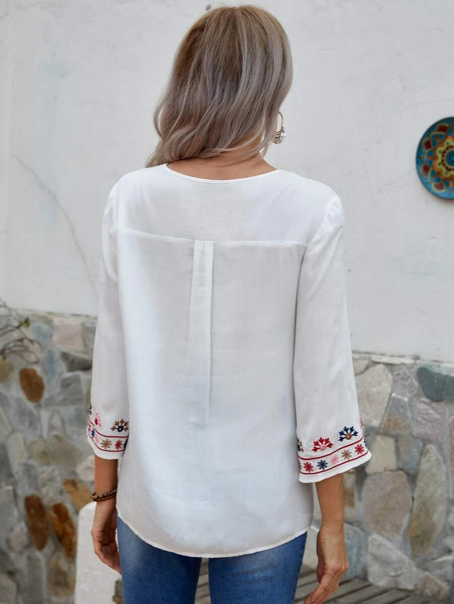 Tie Neck Floral Embroidery Top