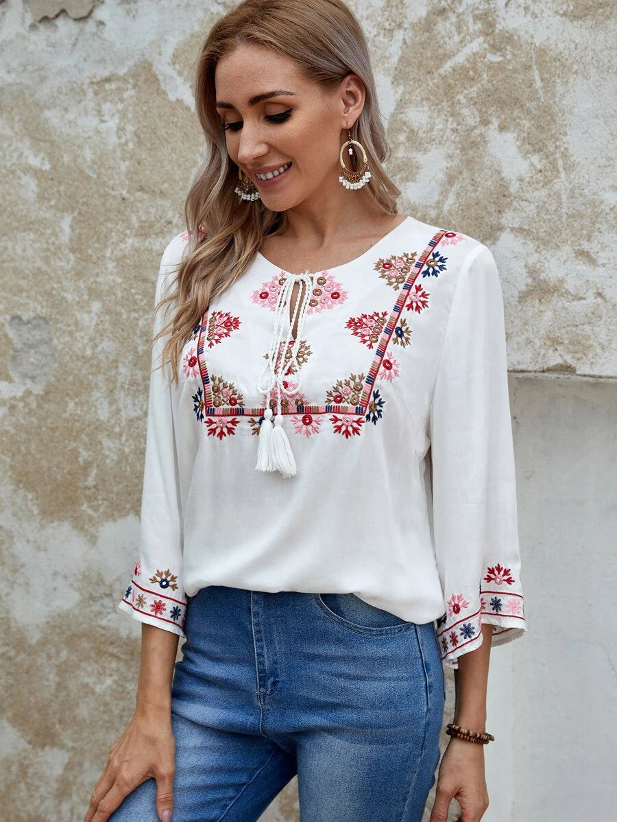 Tie Neck Floral Embroidery Top