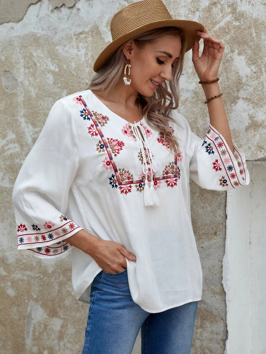 Tie Neck Floral Embroidery Top