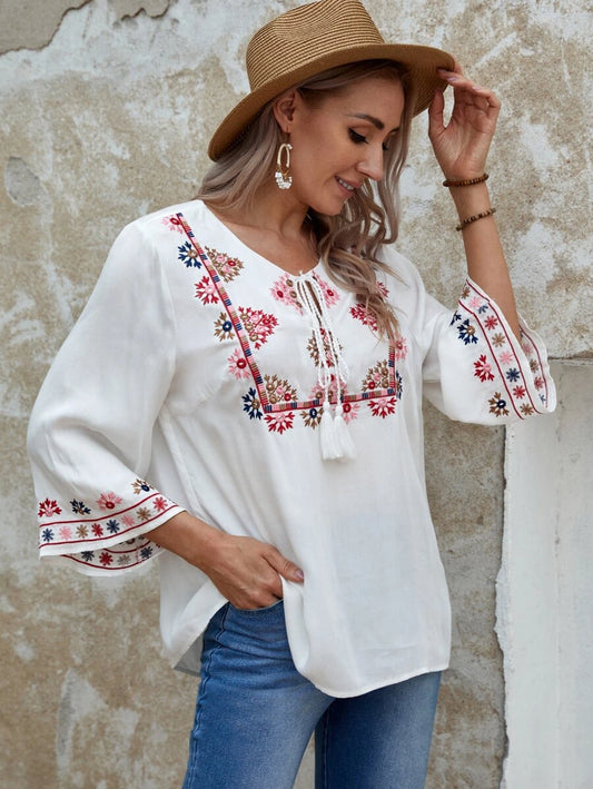 Tie Neck Floral Embroidery Top