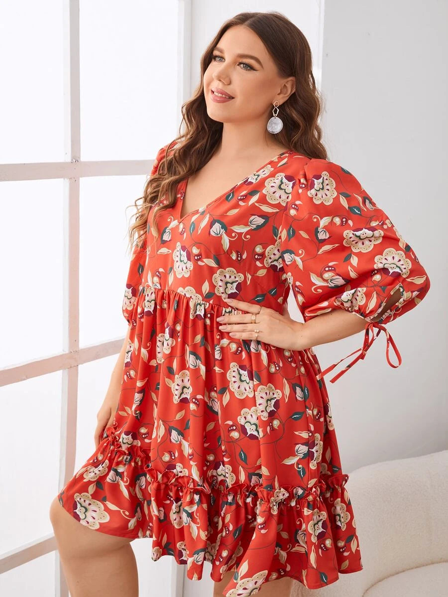 Plus Floral Allover Print Drawstring Cuff Peplum