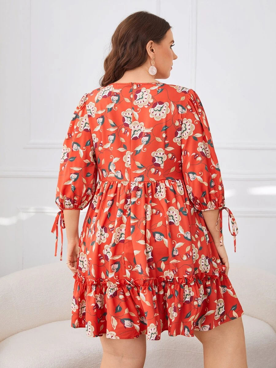 Plus Floral Allover Print Drawstring Cuff Peplum