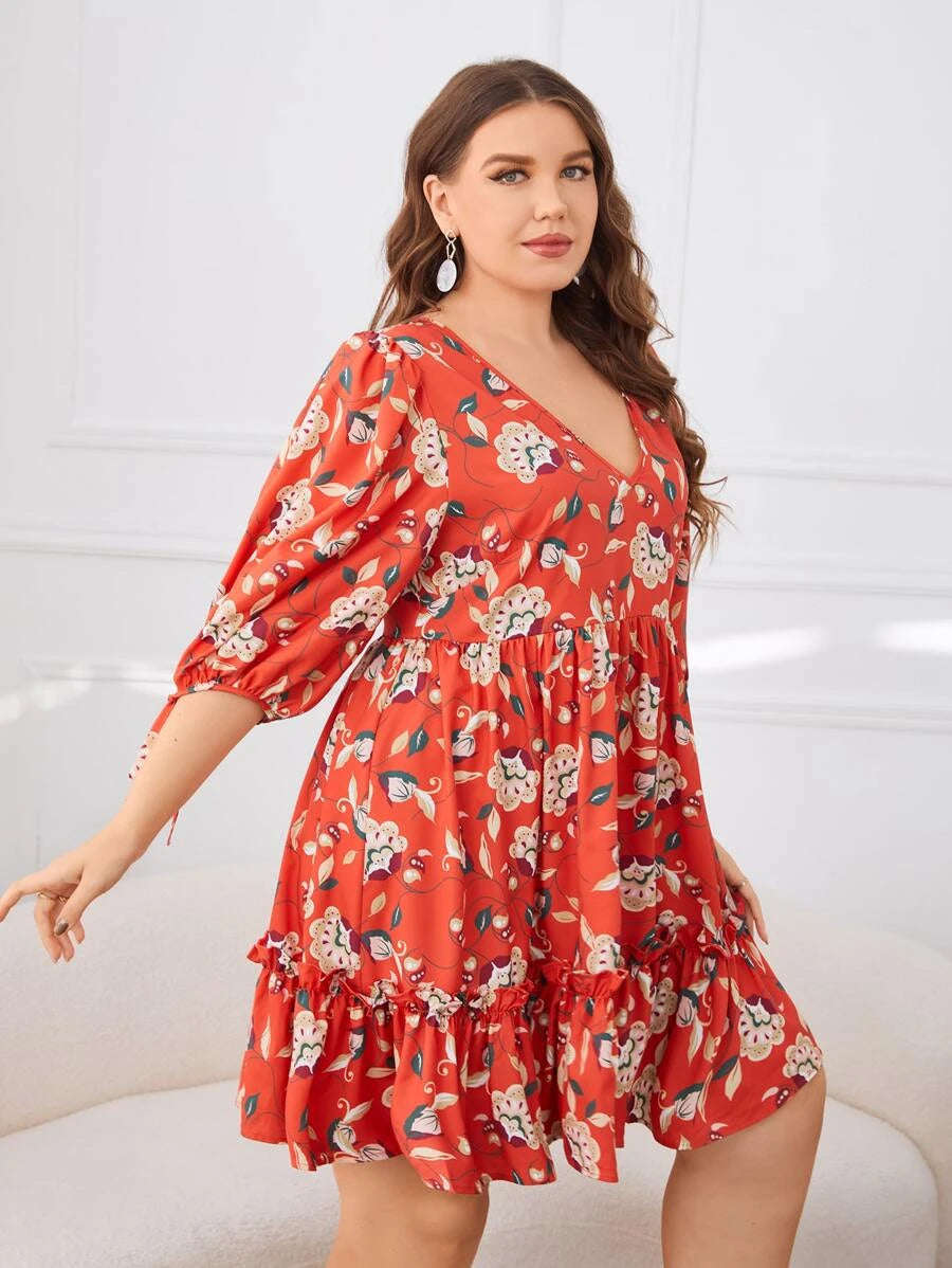 Plus Floral Allover Print Drawstring Cuff Peplum