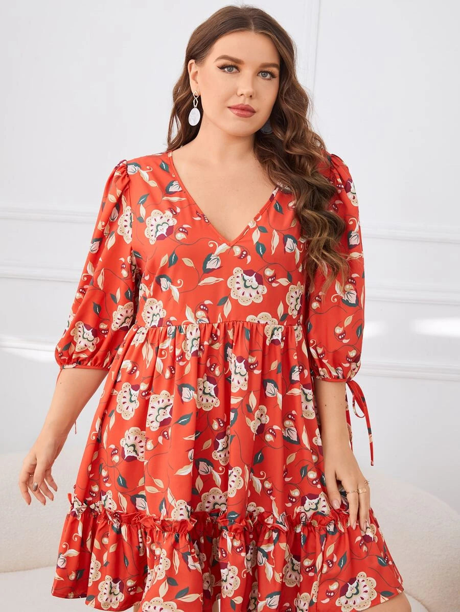 Plus Floral Allover Print Drawstring Cuff Peplum