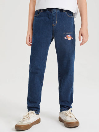 Boys Letter & Figure Graphic Elastic Waist Tapered Jeans