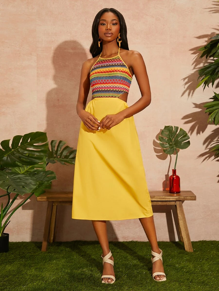 Striped Print Cutout Tie Backless Dress