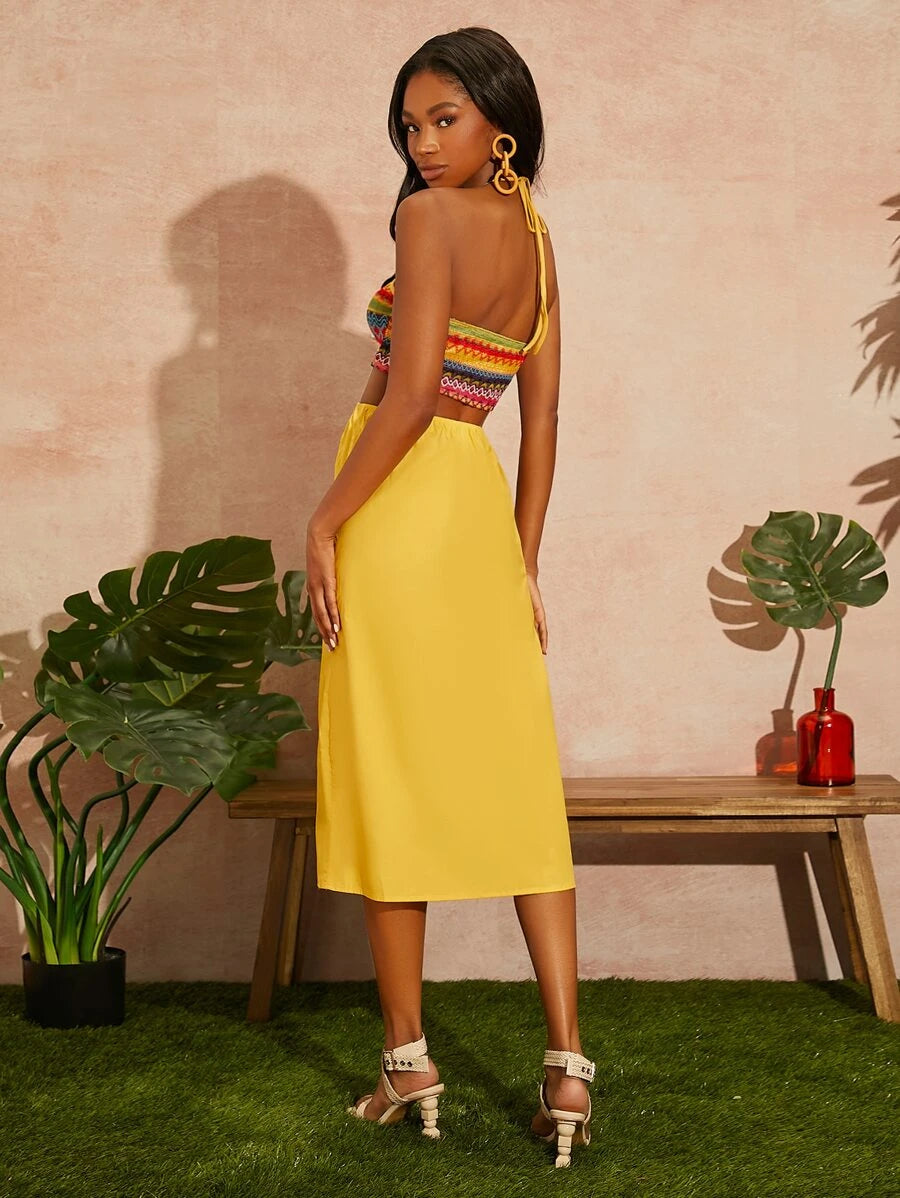 Striped Print Cutout Tie Backless Dress