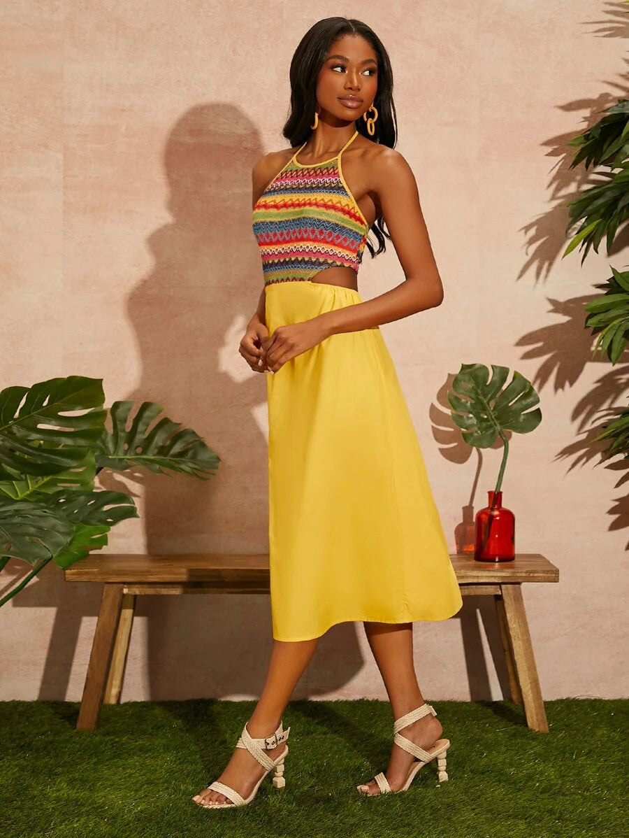 Striped Print Cutout Tie Backless Dress