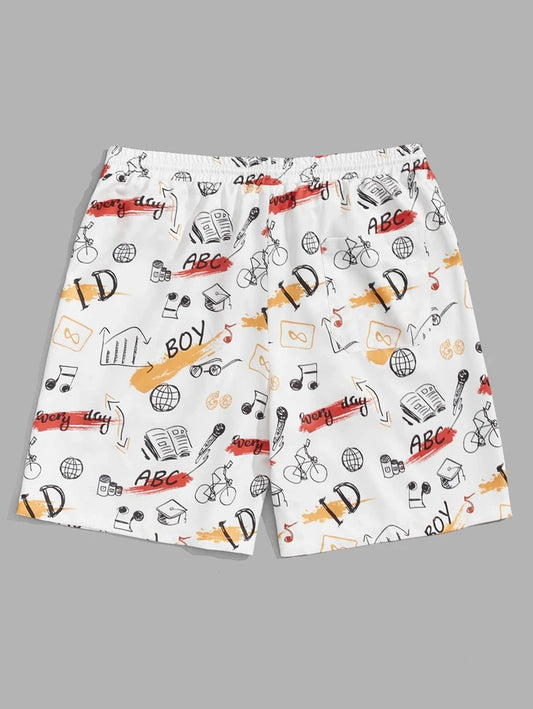 Men Drawstring Waist Figure & Book Pattern Shorts