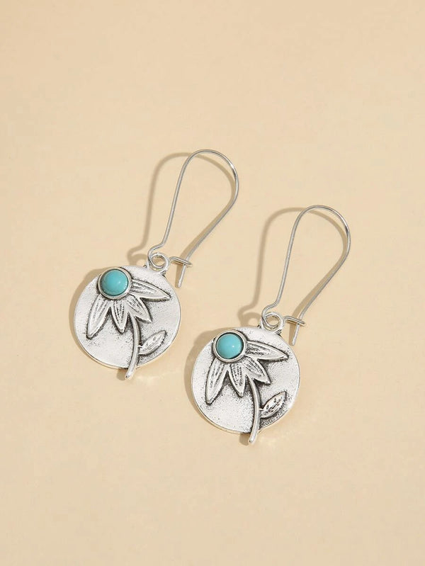 Turquoise & Flower Decor Round Drop Earrings
