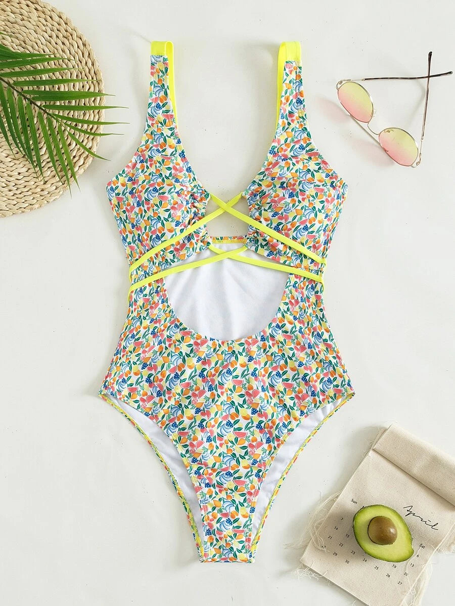 Fruit & Vegetable Print Cut Out One Piece Swimsuit