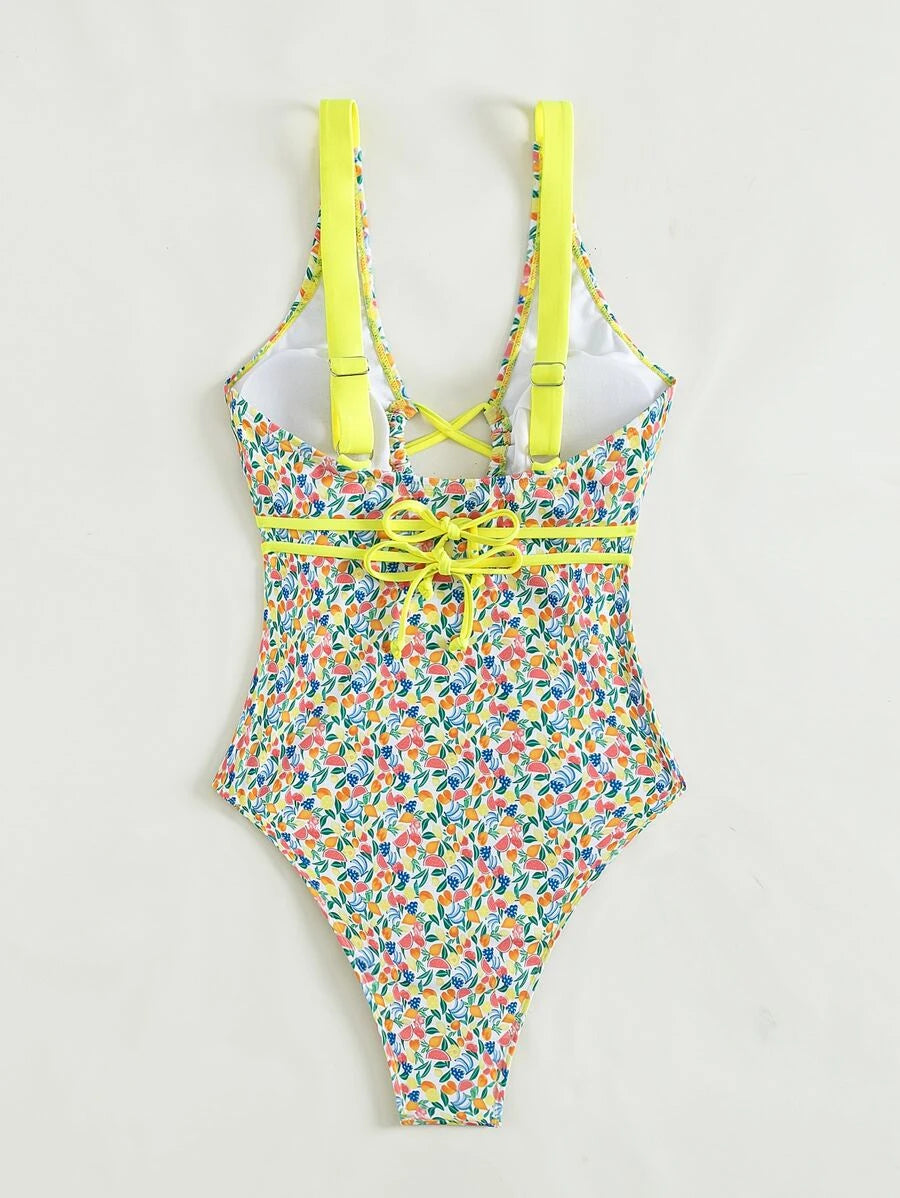 Fruit & Vegetable Print Cut Out One Piece Swimsuit