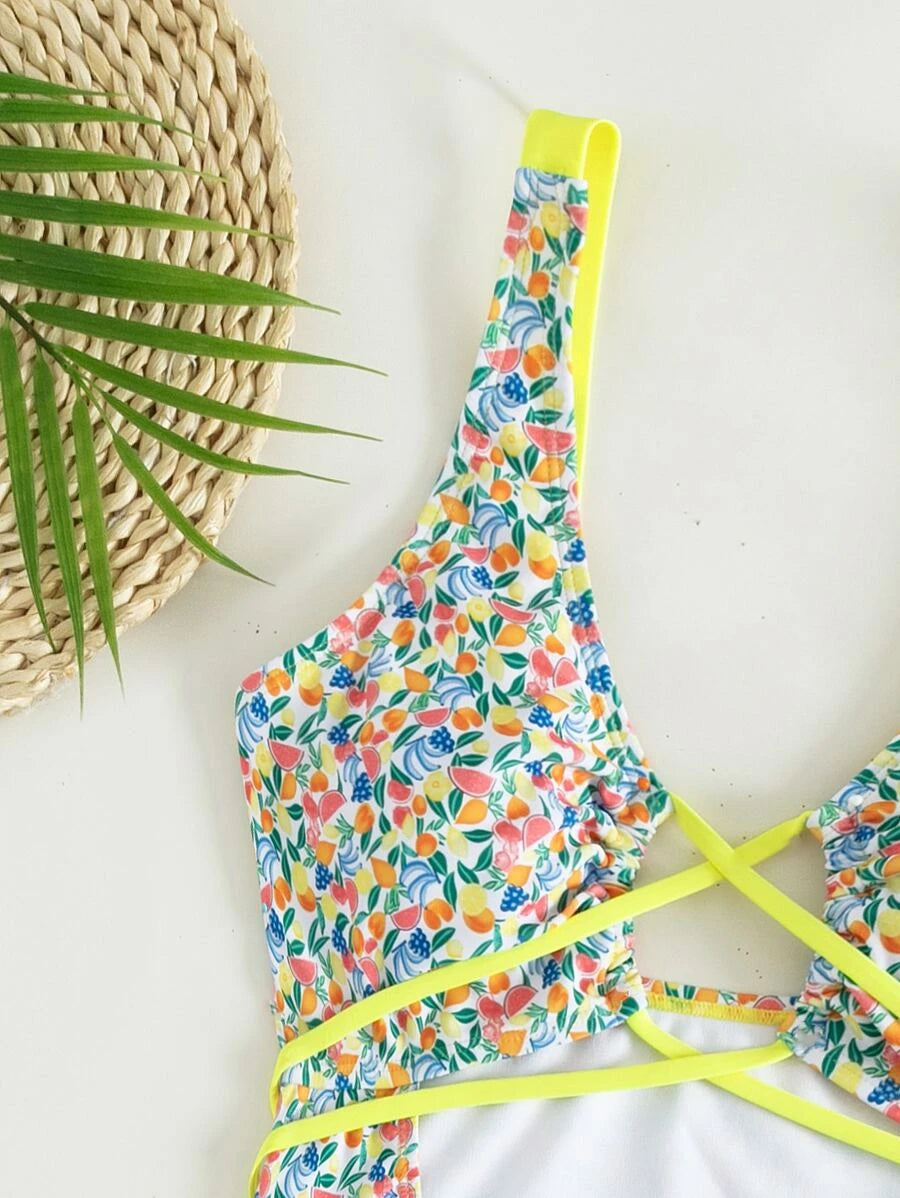 Fruit & Vegetable Print Cut Out One Piece Swimsuit