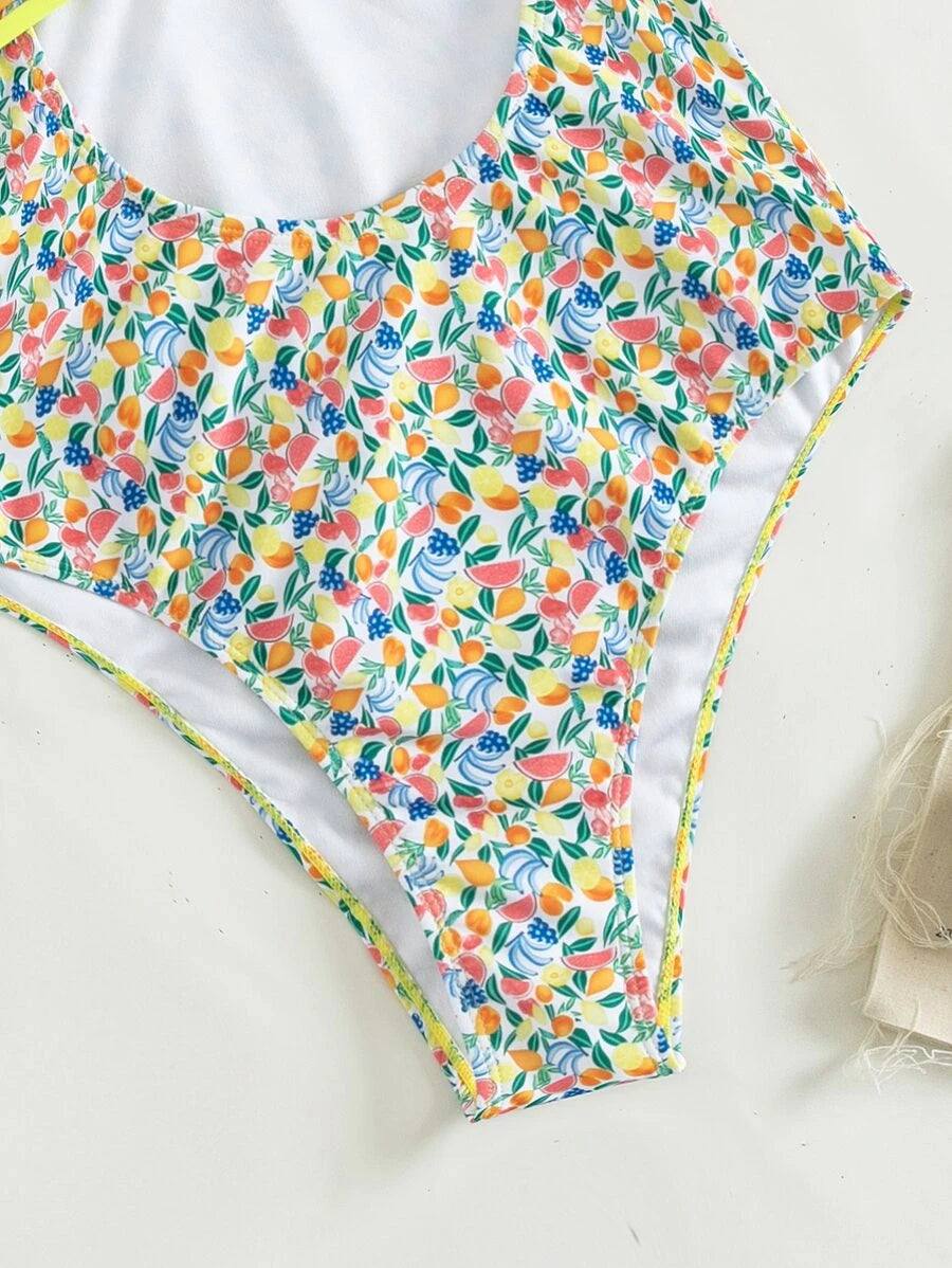 Fruit & Vegetable Print Cut Out One Piece Swimsuit