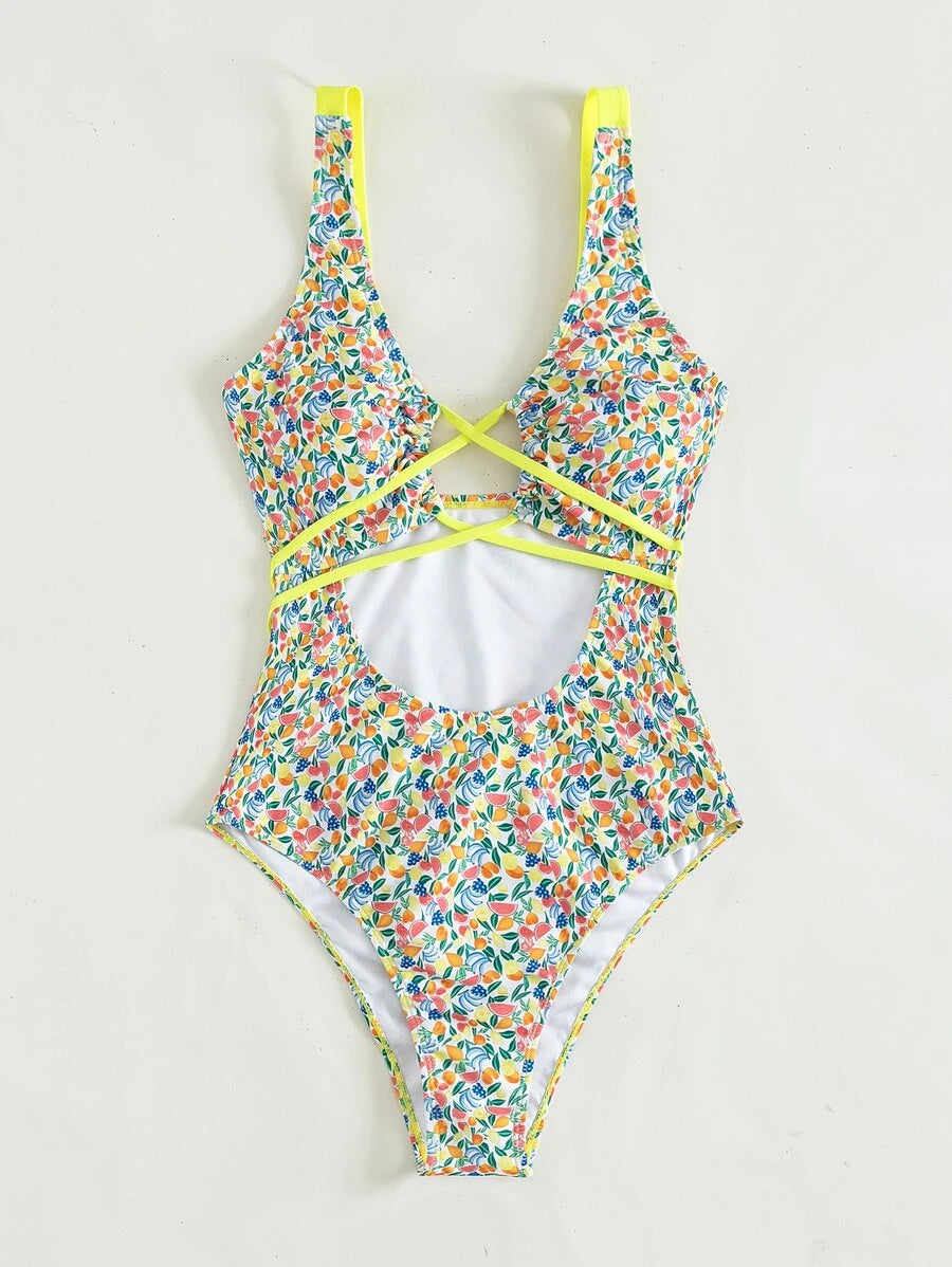 Fruit & Vegetable Print Cut Out One Piece Swimsuit