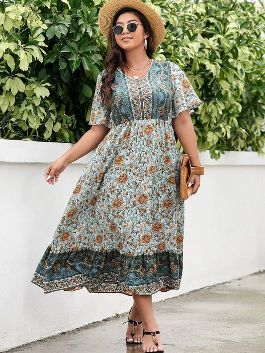 Plus Floral Print Butterfly Sleeve Ruffle Hem Dress