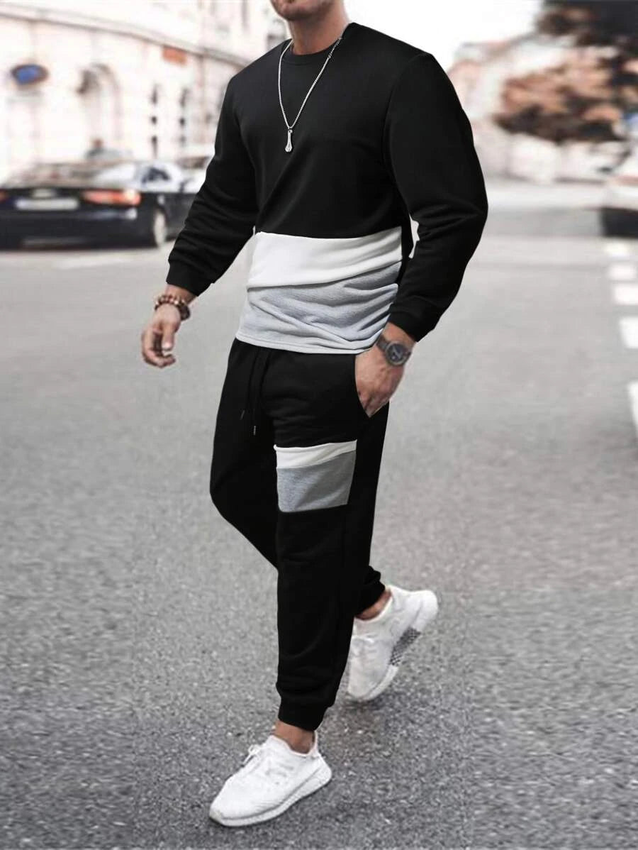 Men Colorblock Sweatshirt & Drawstring Waist Sweatpants