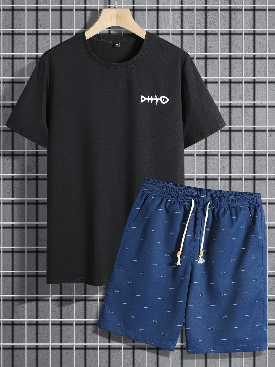 Men Fish Bone Print Tee & Drawstring Waist Shorts