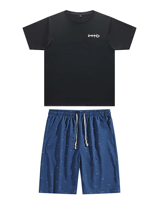 Men Fish Bone Print Tee & Drawstring Waist Shorts
