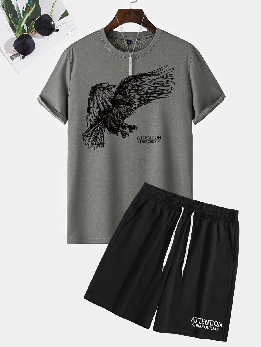 Men Letter & Eagle Print Tee & Drawstring Shorts