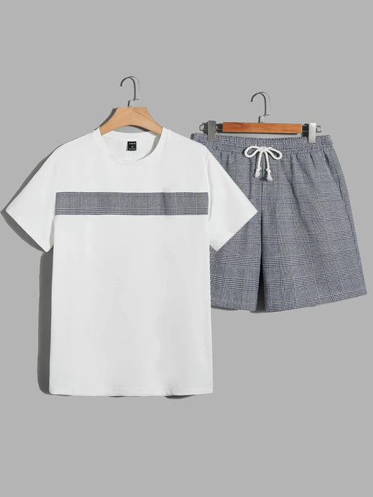 Men Plaid Print Tee & Drawstring Waist Shorts