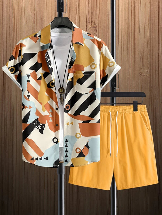 Men Random Geo Print Shirt & Drawstring Waist Shorts