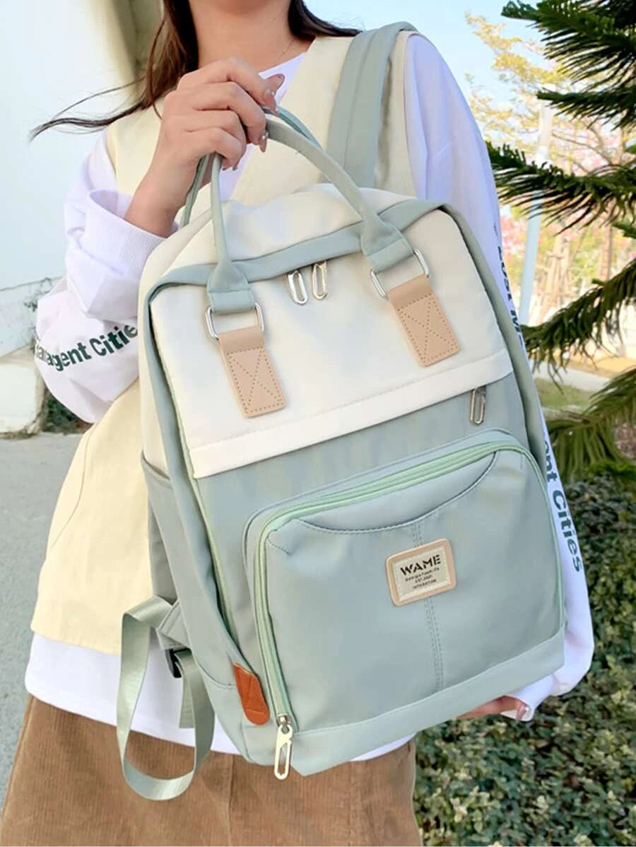 Large Capacity Colorblock Letter Patch Decor Backpack