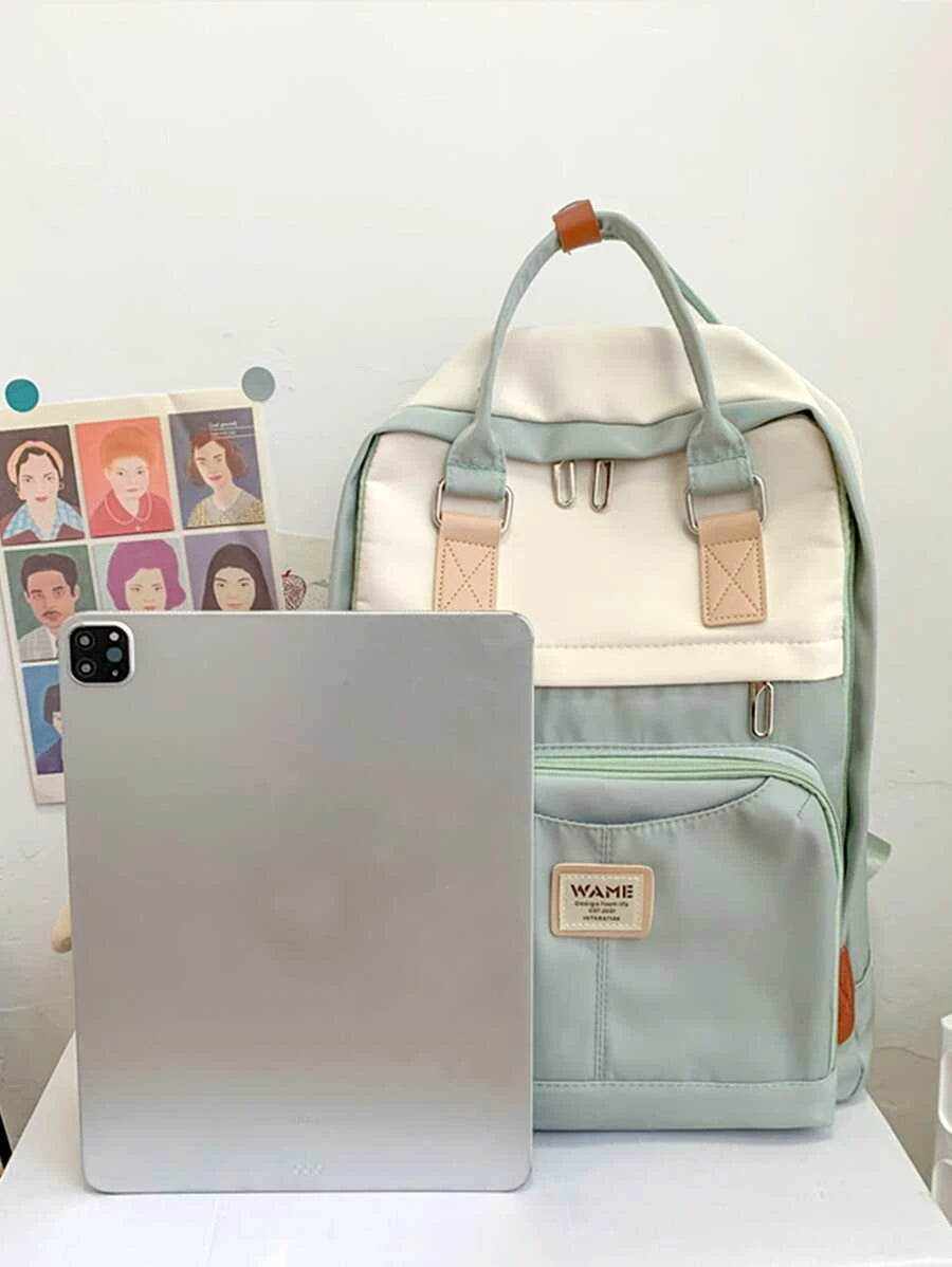 Large Capacity Colorblock Letter Patch Decor Backpack