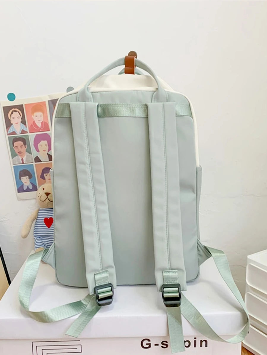 Large Capacity Colorblock Letter Patch Decor Backpack