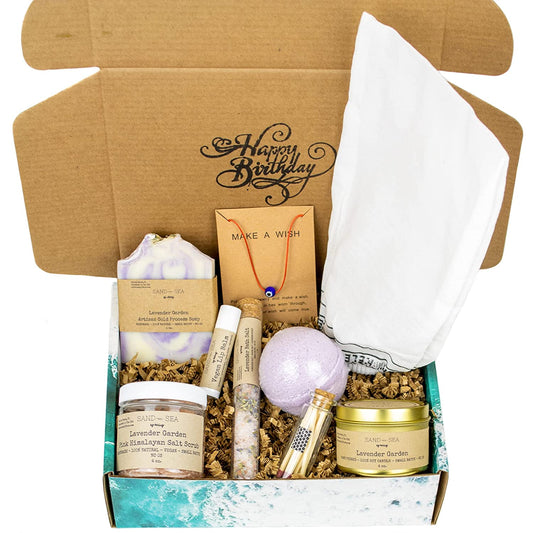 Lavender Spa Gift Set - Relaxing Spa Self Care 9 pc - Soap, Soy Candle, Himalayan Salt Scrub, Bath Bomb, Bath Salt, Vegan Lip Balm