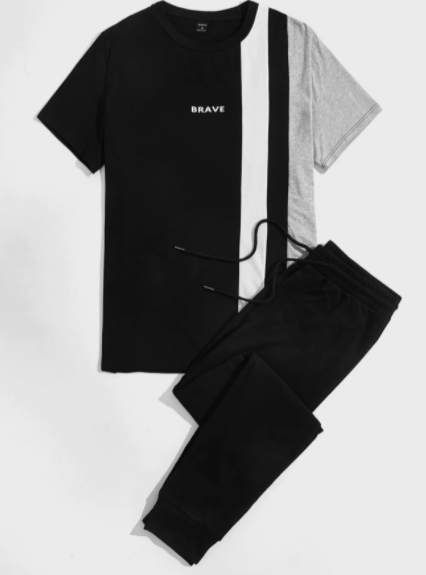 Men Letter Graphic Color Block Tee & Drawstring Waist Sweatpants