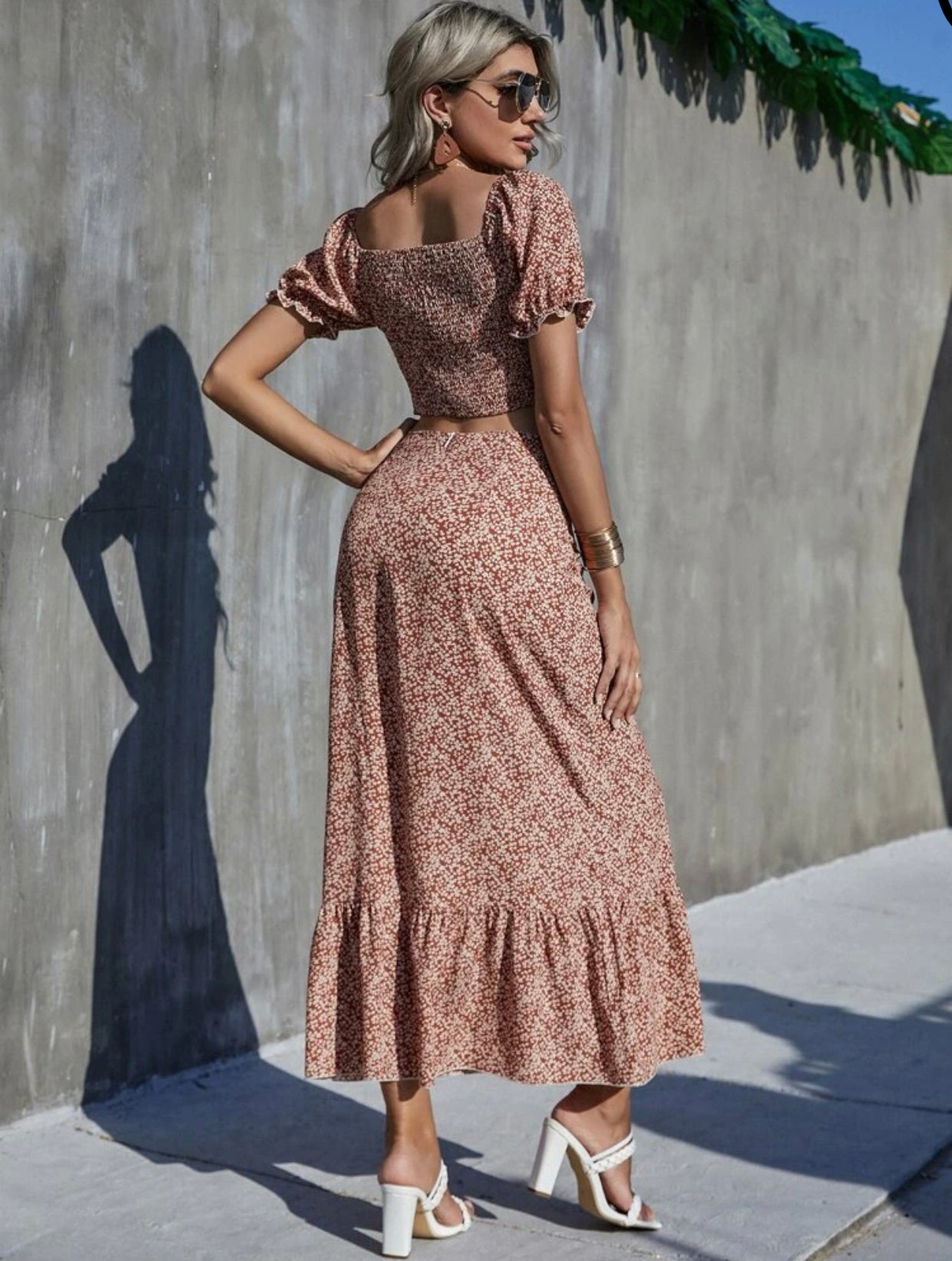 Ditsy floral shirred back ruched bust crop top & skirt set