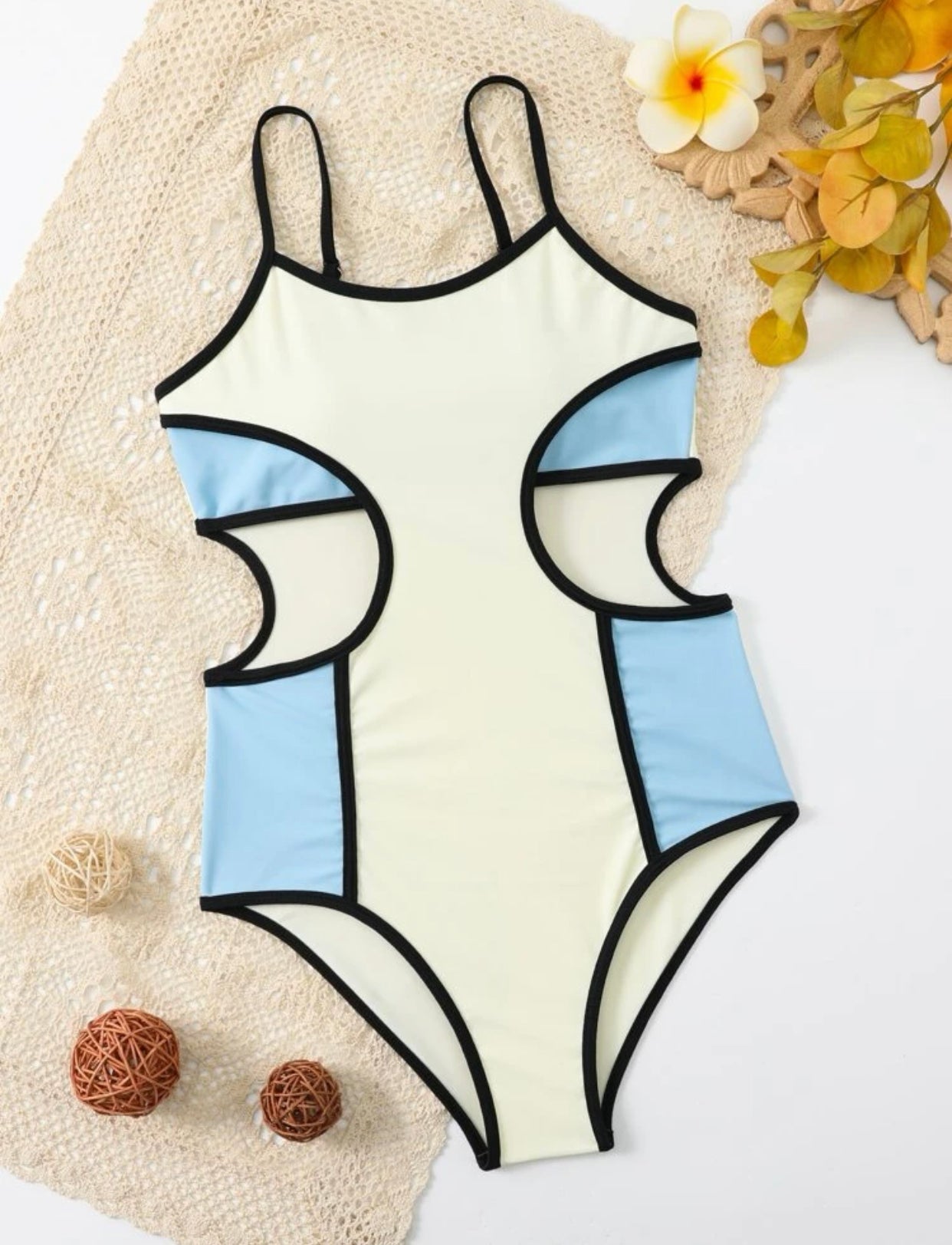 Teen girls color block cut out contrast binding one piece swimsuit