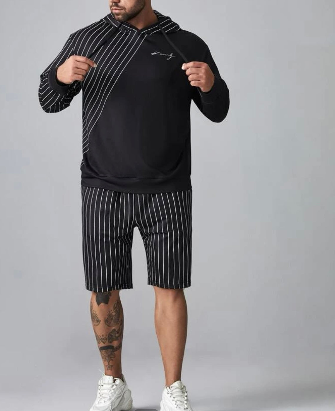 Extended sizes men letter graphic striped panel drawstring hoodie & shorts set