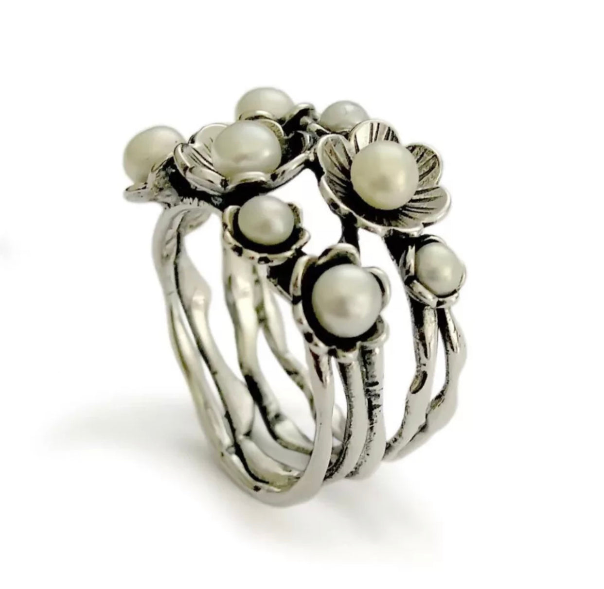 Trendy Vintage Luxurious 4 Circles Of Pearl Flowers Alloy Ladies Ring Weekend Party Bar Club Jewelry Accessories Set