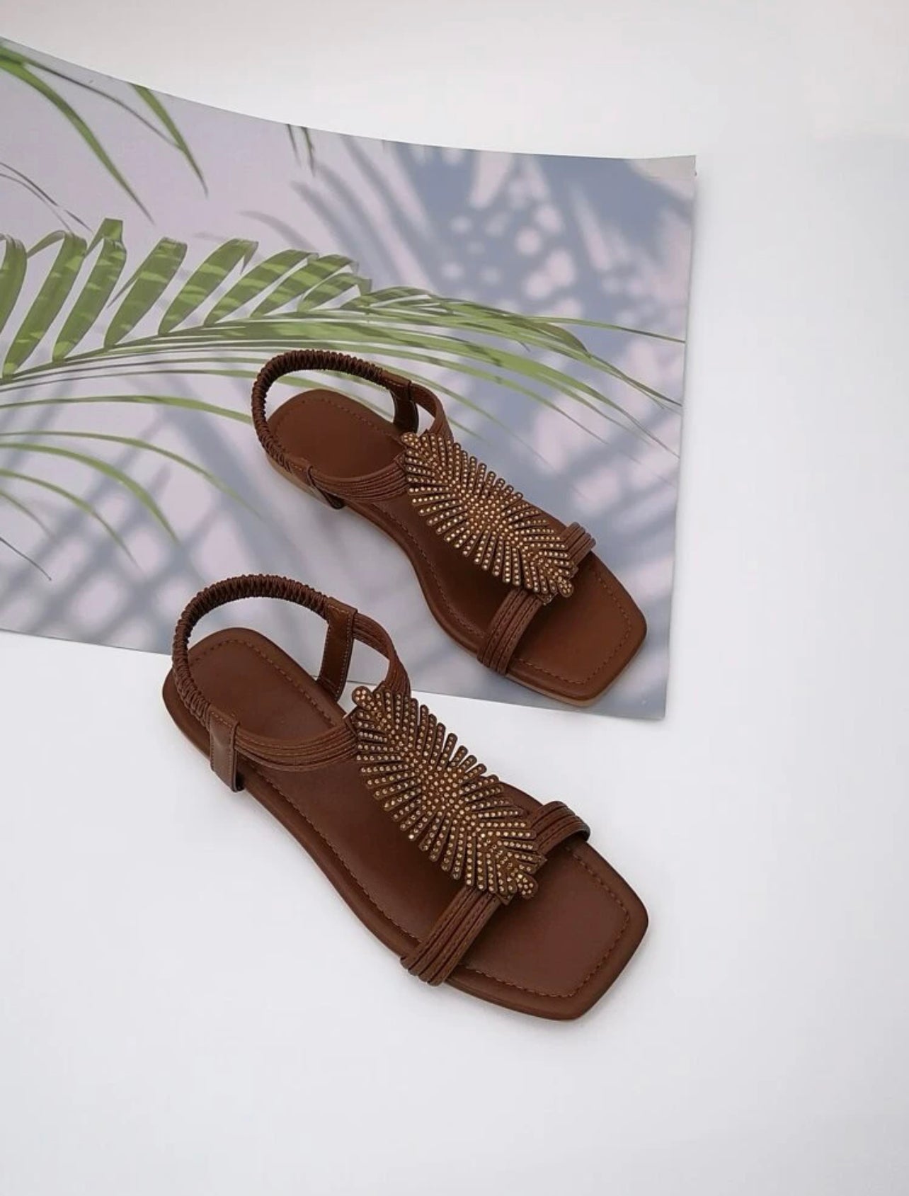 Rhinestone & Leaf Decor Slingback Sandals