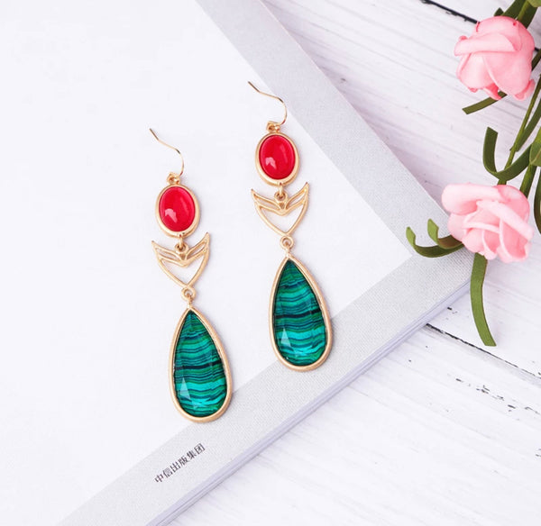 Coral and malachite inspired dangle earrings