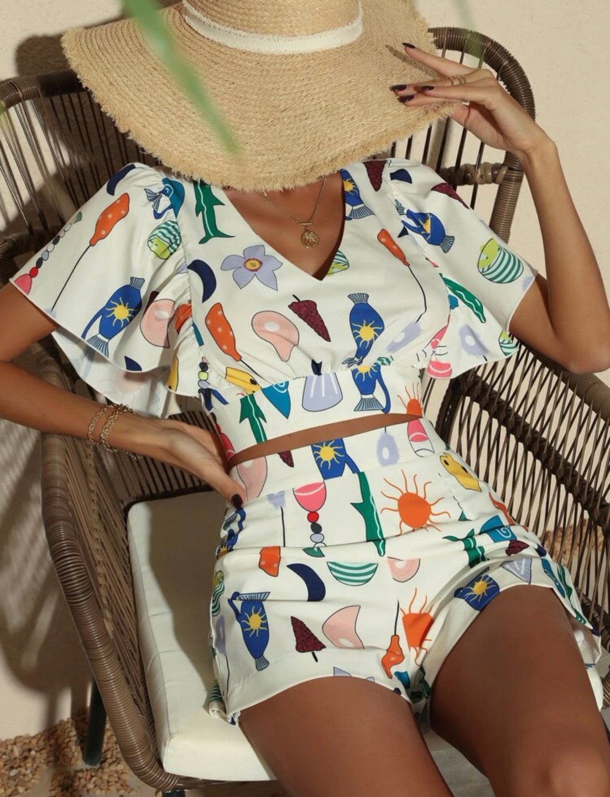 Sun & floral print flutter sleeve top and shorts set