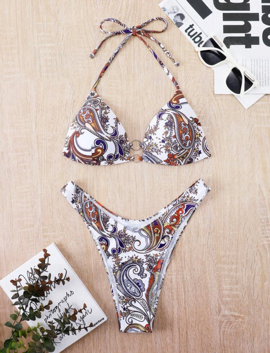 Paisley Ring Linked Halter Push Up Bikini Swimsuit
