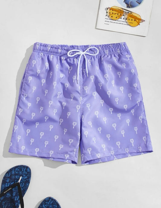 Men Allover Print Drawstring Waist Swim Trunks