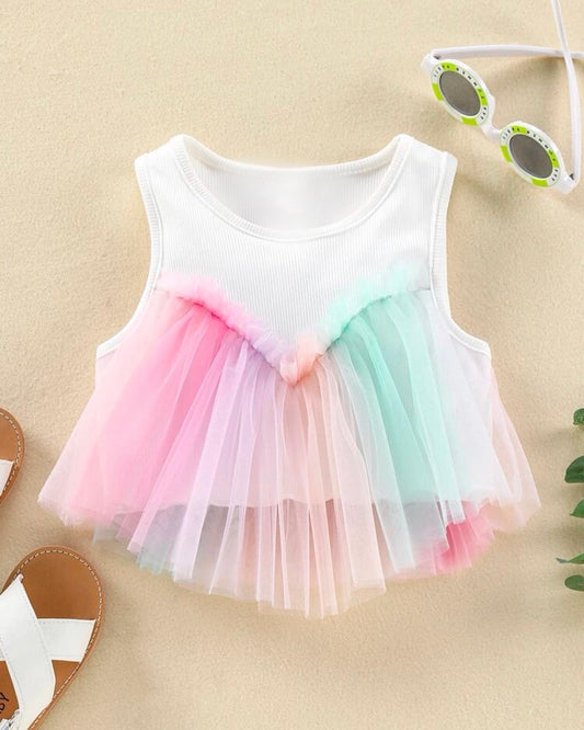 Toddler girls contrast mesh ombré frill trim tank top