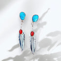 Turquoise and coral decor feather dangle earrings