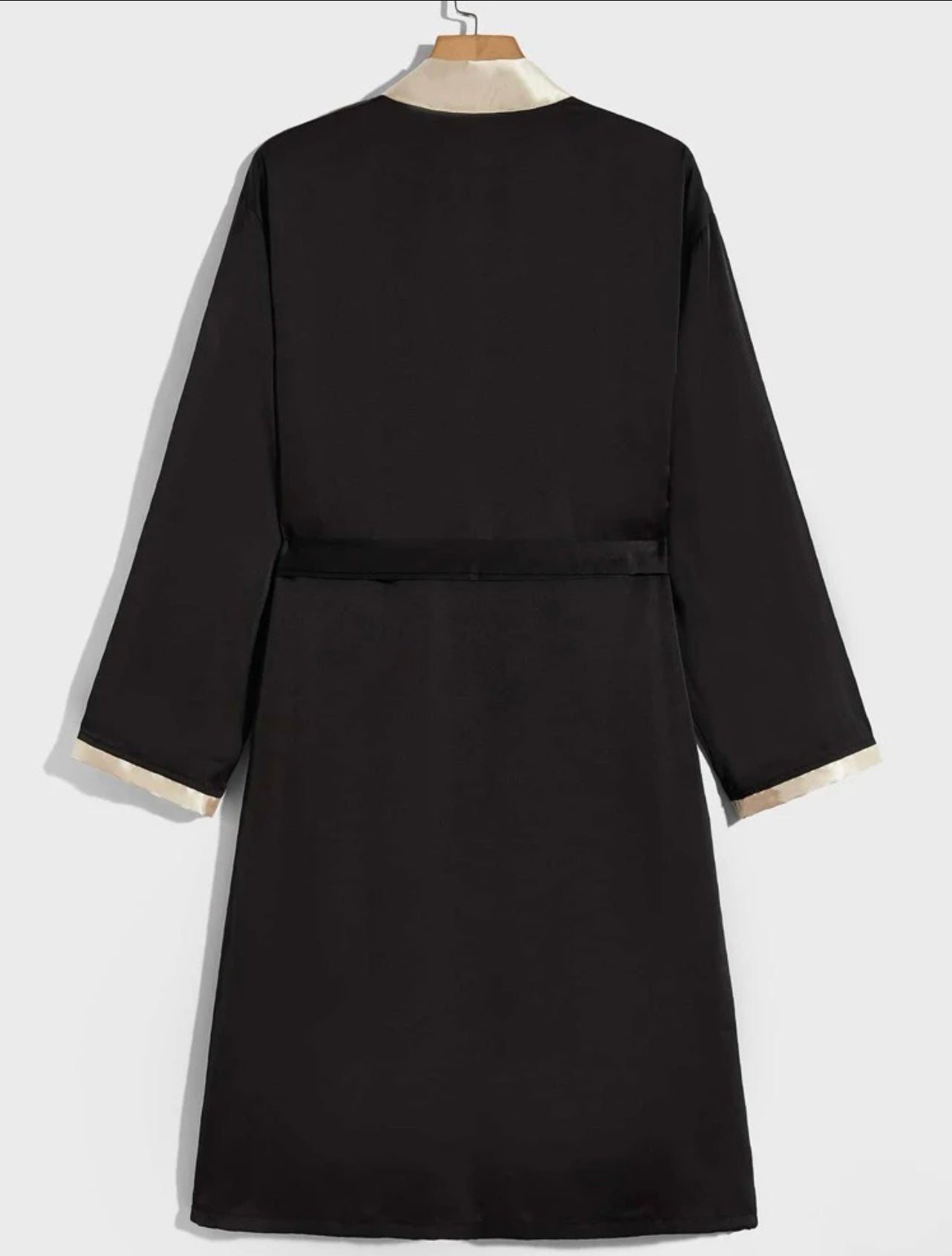 Men contrast trim dual pocket open front belted satin sleep robe