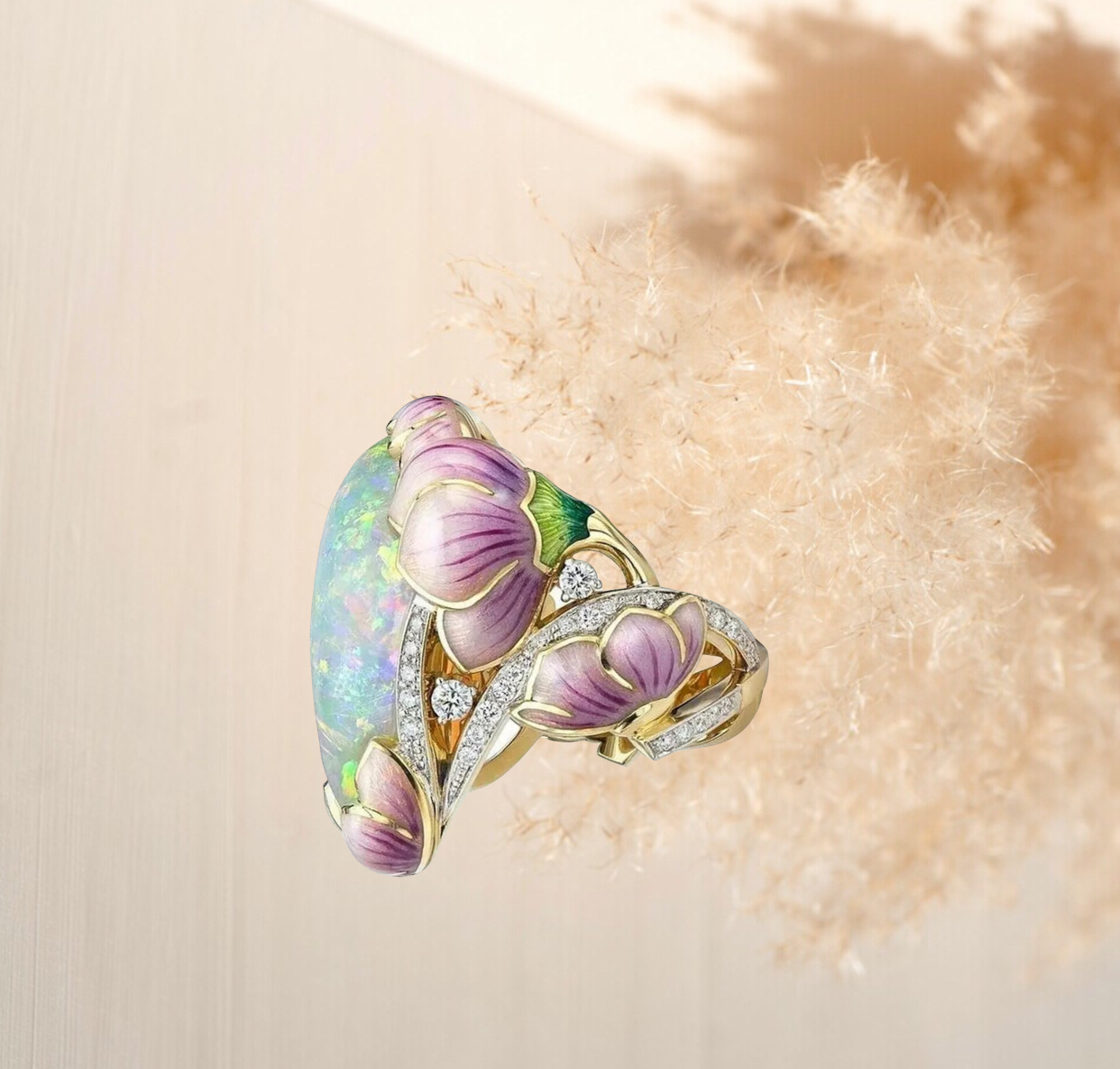 Delicate Fashion Gold Filling Floral Ring Lavender Fuchsia Lotus Enamel Oval Cut Fire Stone Statement ring. Size 8.