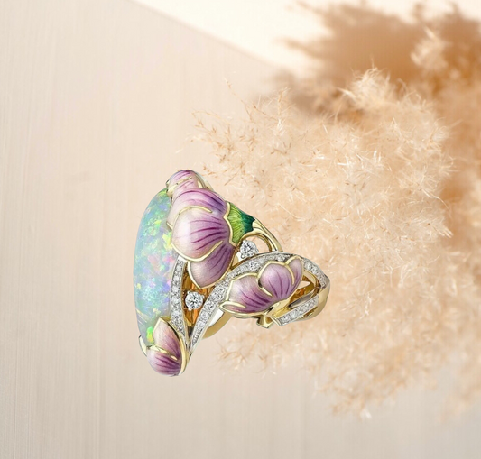 Delicate Fashion Gold Filling Floral Ring Lavender Fuchsia Lotus Enamel Oval Cut Fire Stone Statement ring. Size 8.
