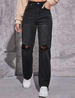 Black High waisted straight leg ripped jeans